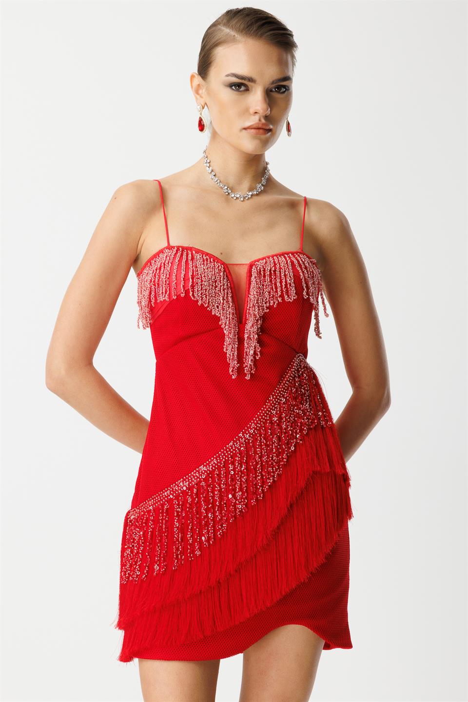 Mini Boy Saçaklı İşlemeli Elbise KIRMIZI