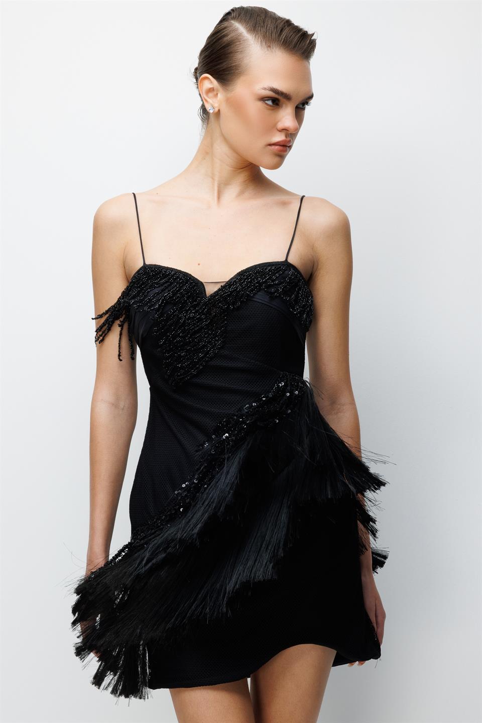 Mini Boy Saçaklı İşlemeli Elbise SİYAH