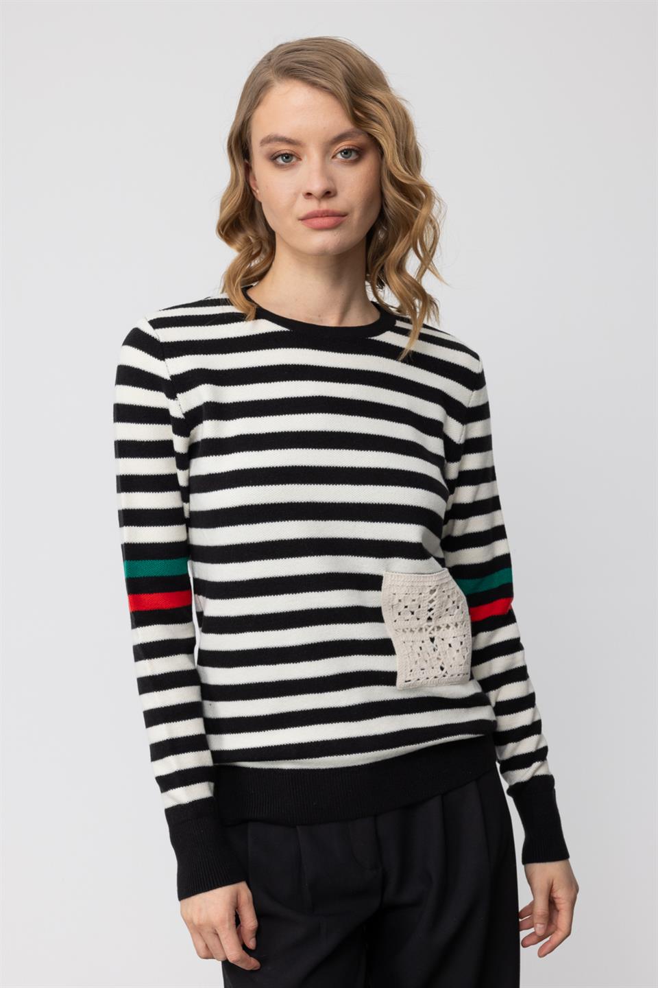 Nefeli Çizgili Tek Cep İşlemeli Triko