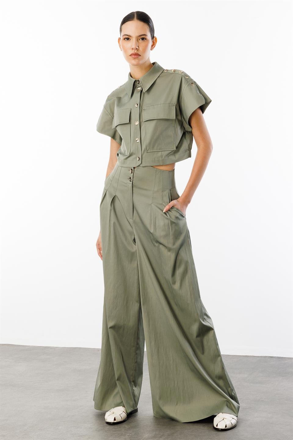 Omuz Düğme Detaylı Ceket & Pantolon 2li Takım HAKİ