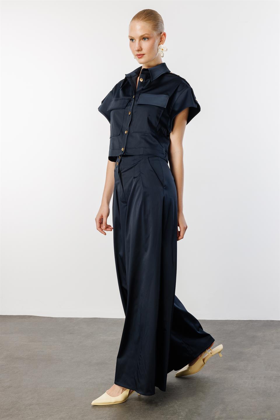 Omuz Düğme Detaylı Ceket & Pantolon 2li Takım LACİVERT