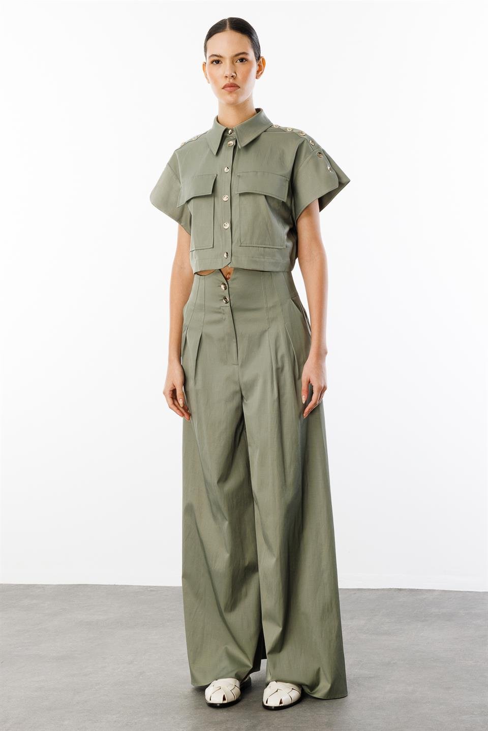 Omuz Düğme Detaylı Ceket & Pantolon 2li Takım HAKİ