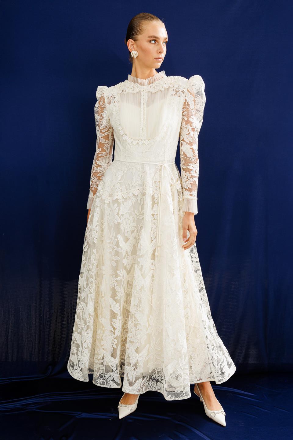 Omuz İşleme Detaylı Dantel Elbise BEYAZ