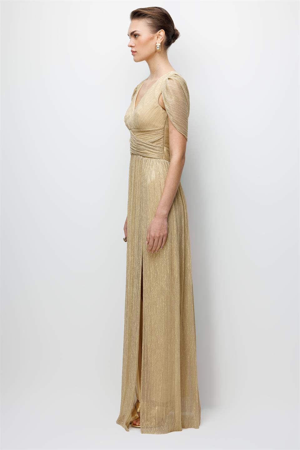 Omuz Pelerin Detaylı Maxi Boy Elbise GOLD