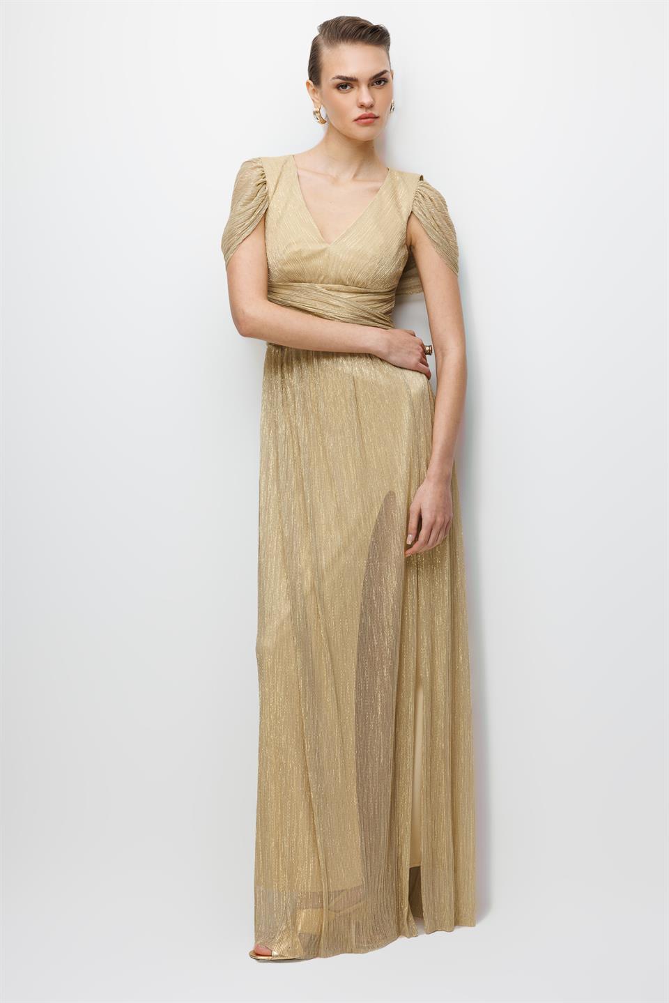 Omuz Pelerin Detaylı Maxi Boy Elbise GOLD