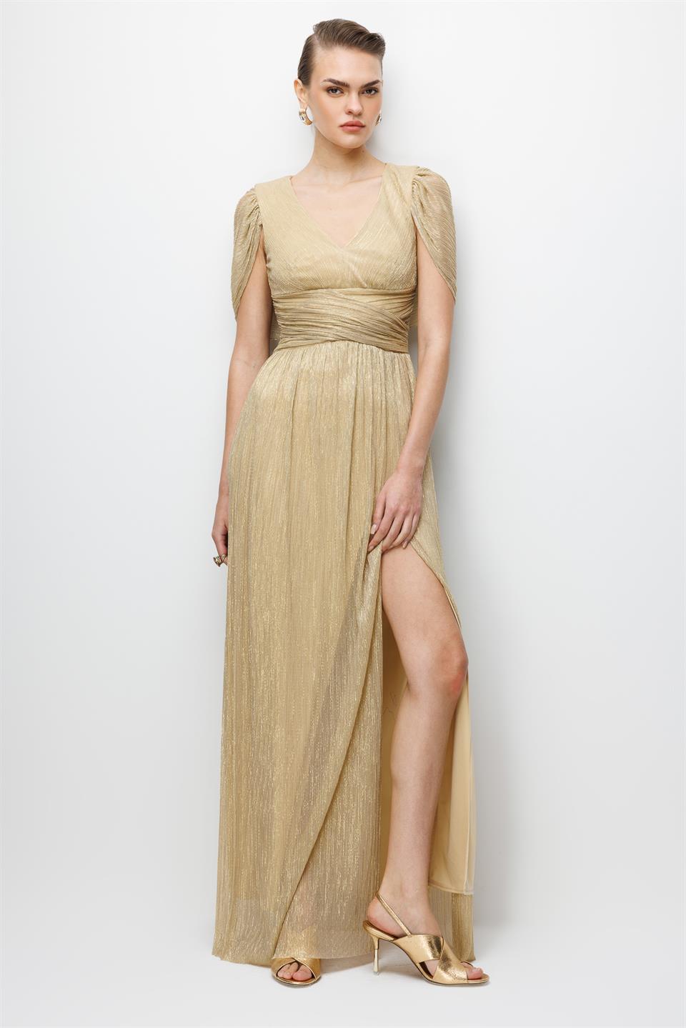 Omuz Pelerin Detaylı Maxi Boy Elbise GOLD