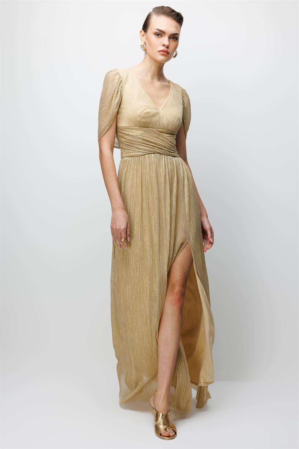 Omuz Pelerin Detaylı Maxi Boy Elbise GOLD