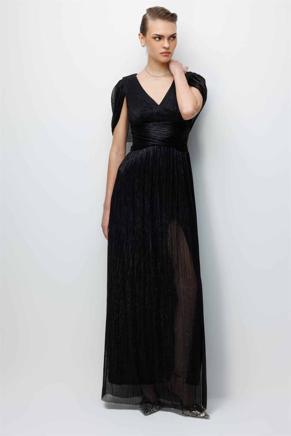 Omuz Pelerin Detaylı Maxi Boy Elbise SİYAH