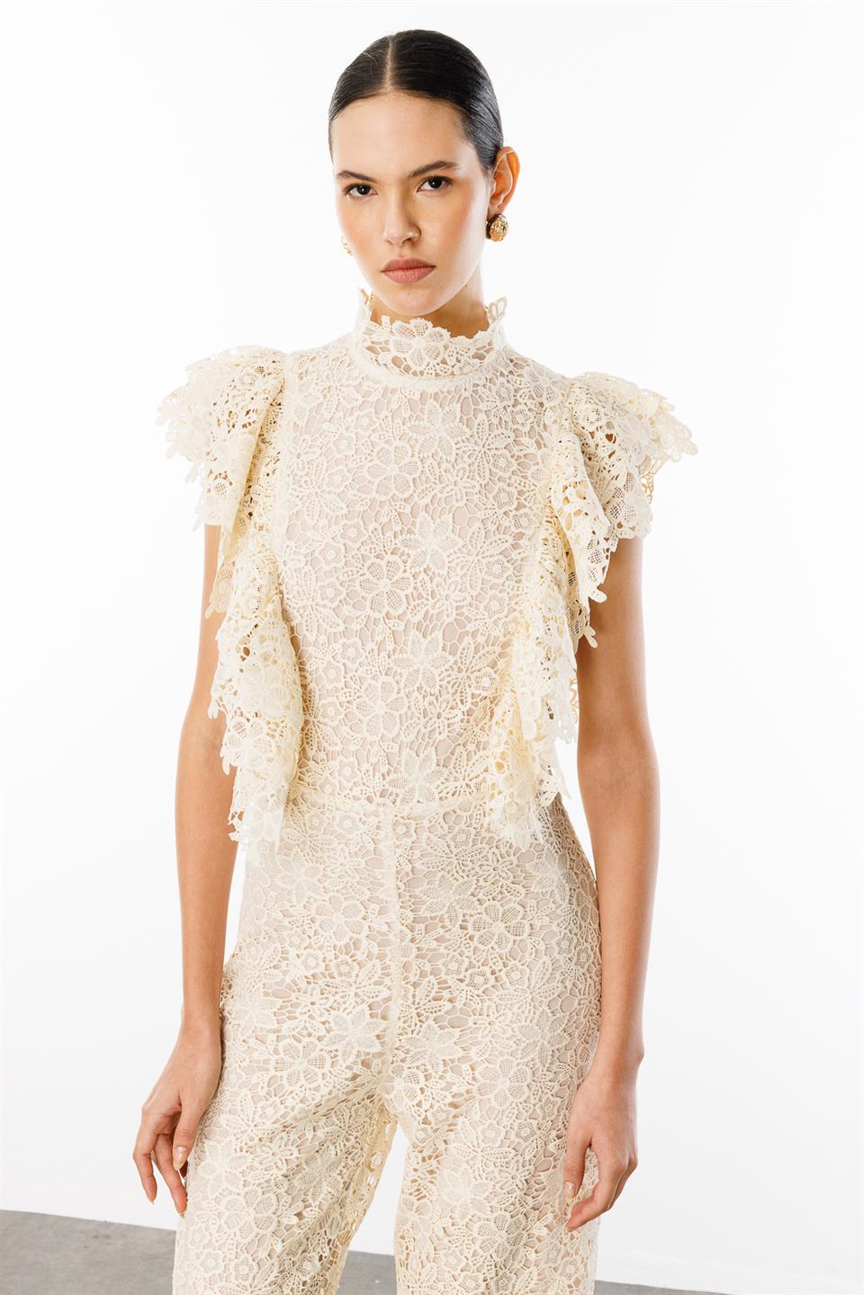 Maxi Lace Jumpsuit with Ruffle Shoulder LIGHT BEIGE