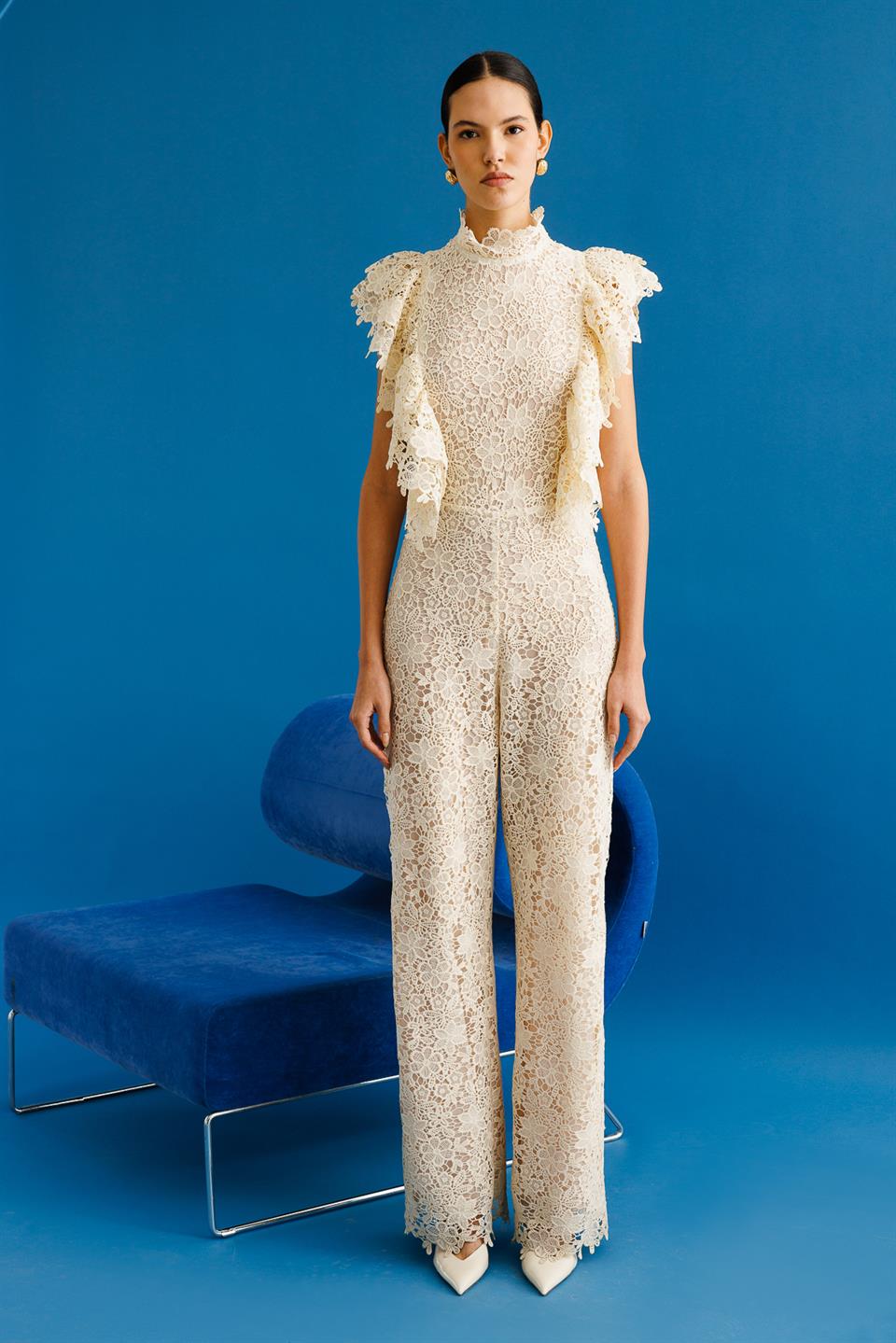 Maxi Lace Jumpsuit with Ruffle Shoulder LIGHT BEIGE