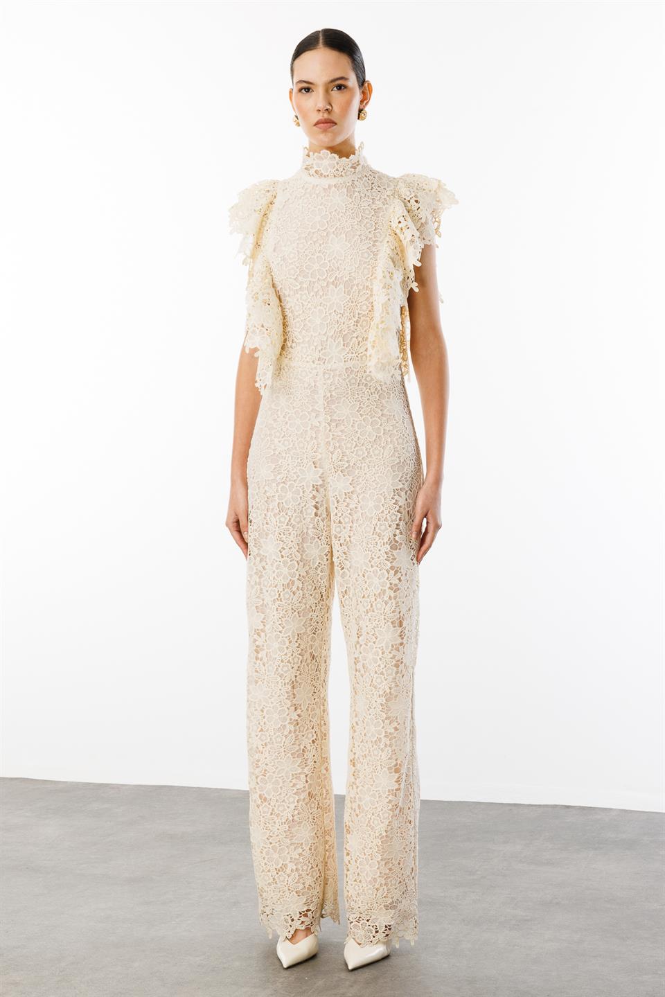 Maxi Lace Jumpsuit with Ruffle Shoulder LIGHT BEIGE