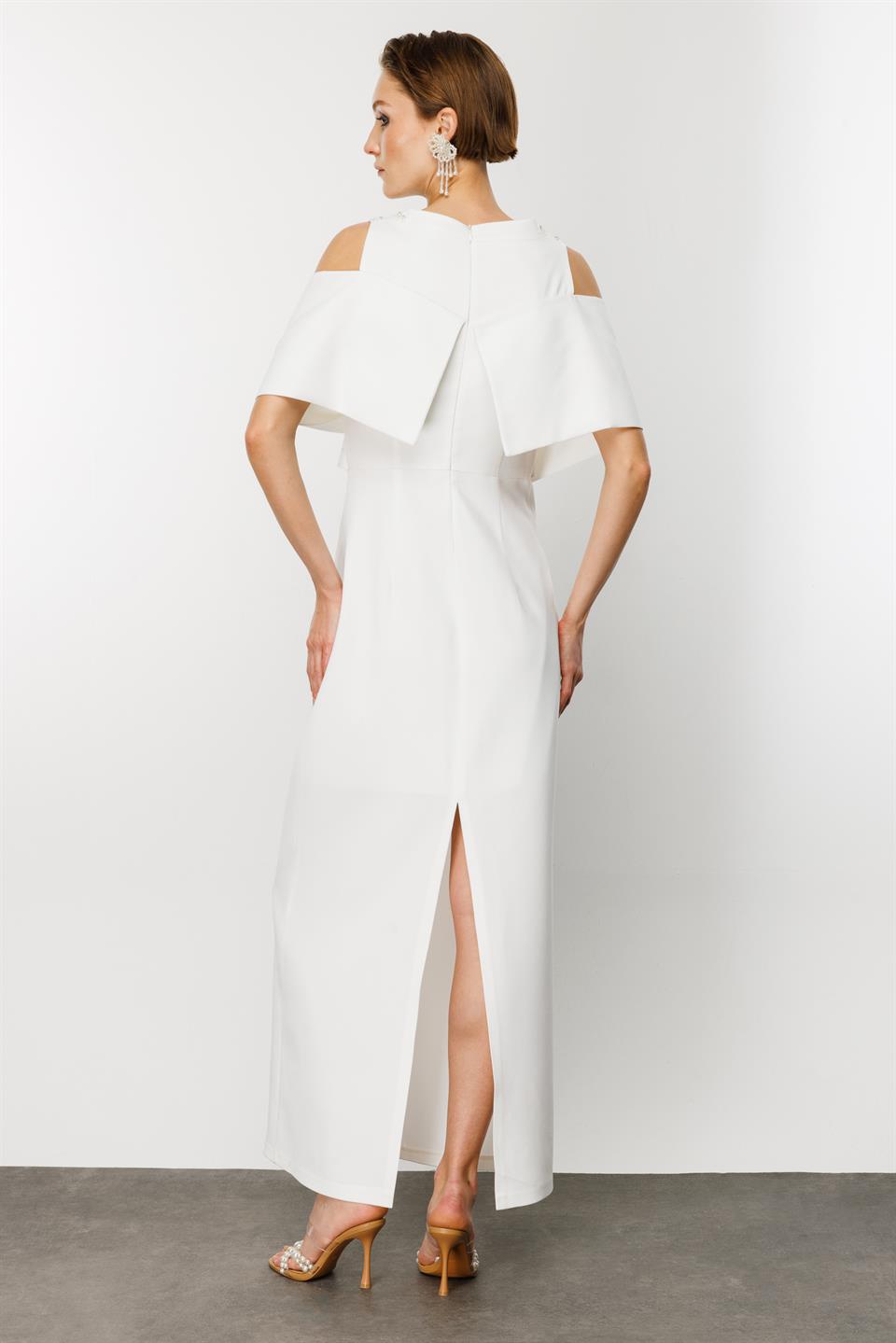 Omuzdan Kruvaze Şal Detaylı Elbise EKRU