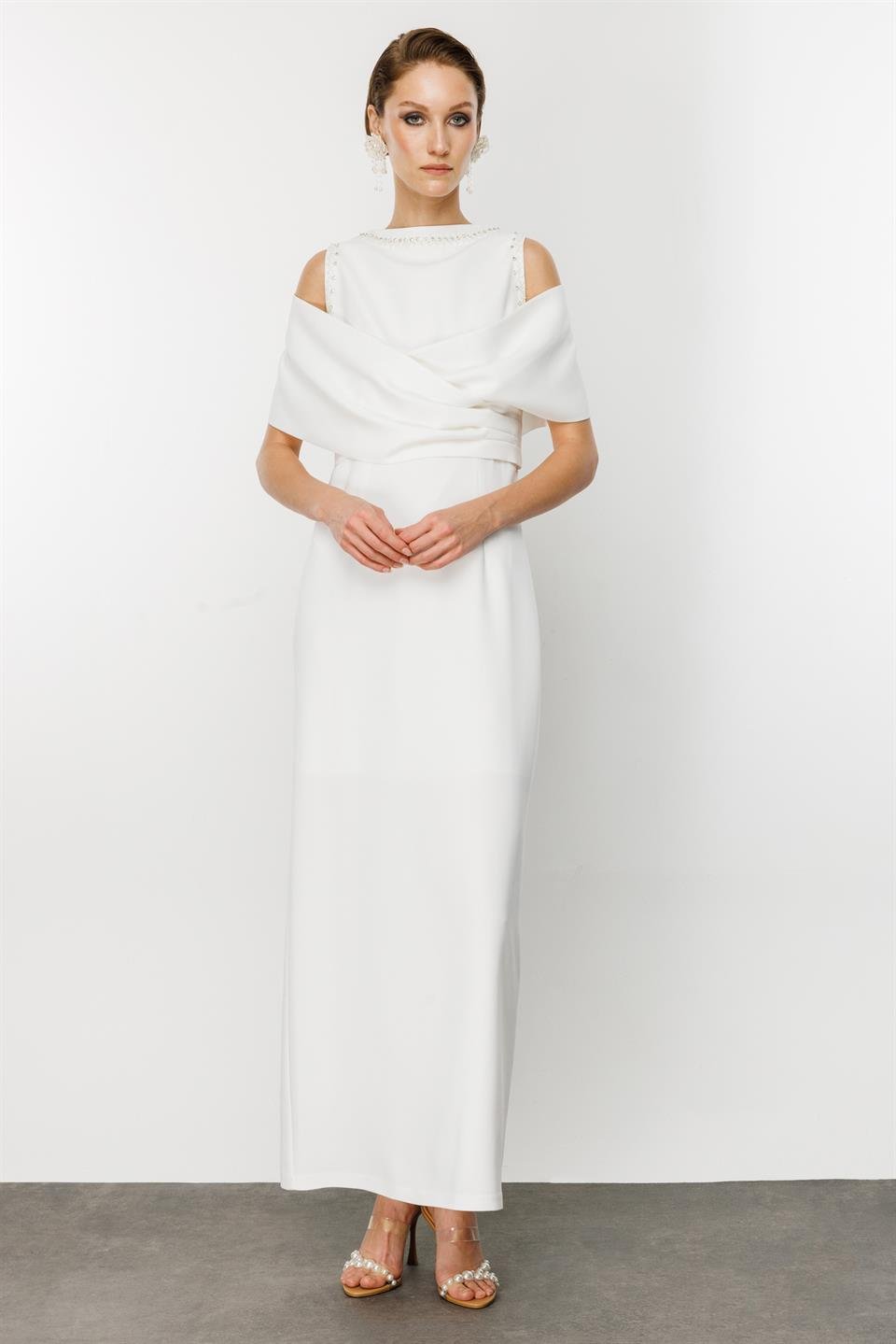 Omuzdan Kruvaze Şal Detaylı Elbise EKRU