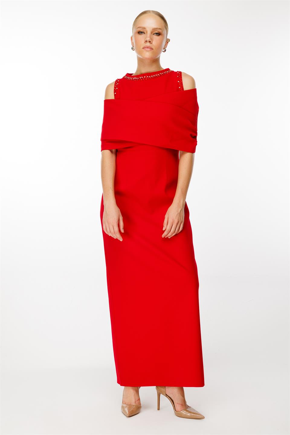 Omuzdan Kruvaze Şal Detaylı Elbise KIRMIZI