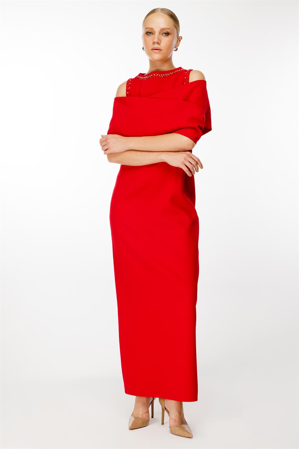 Omuzdan Kruvaze Şal Detaylı Elbise KIRMIZI