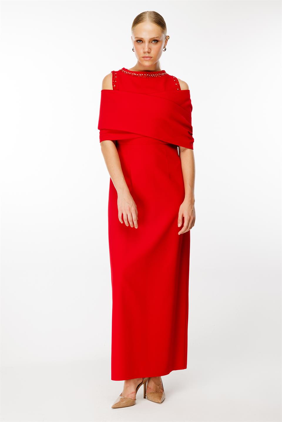 Omuzdan Kruvaze Şal Detaylı Elbise KIRMIZI