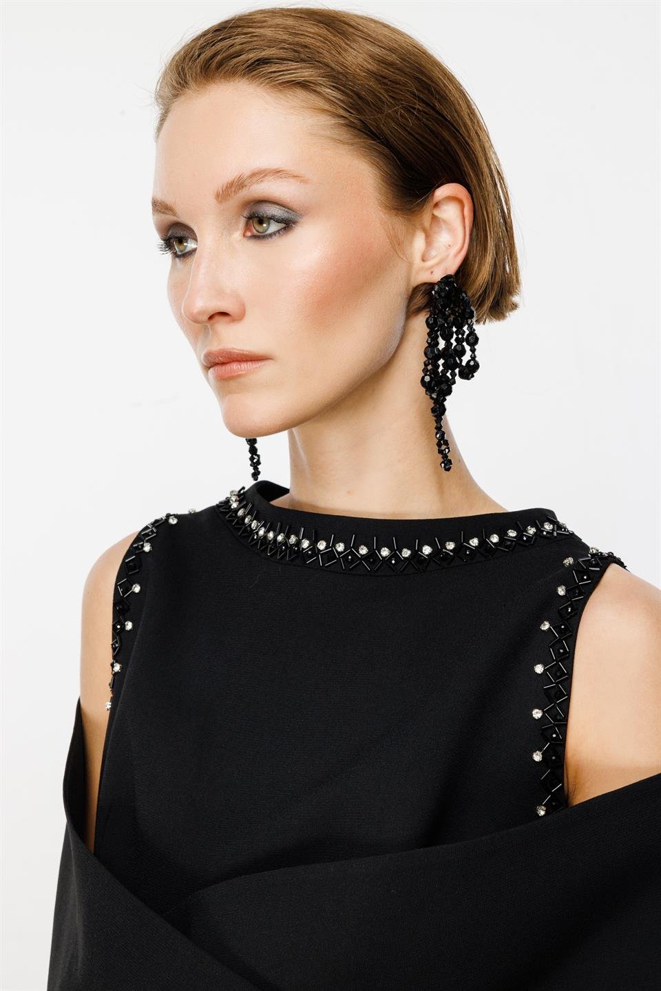 Omuzdan Kruvaze Şal Detaylı Elbise SİYAH