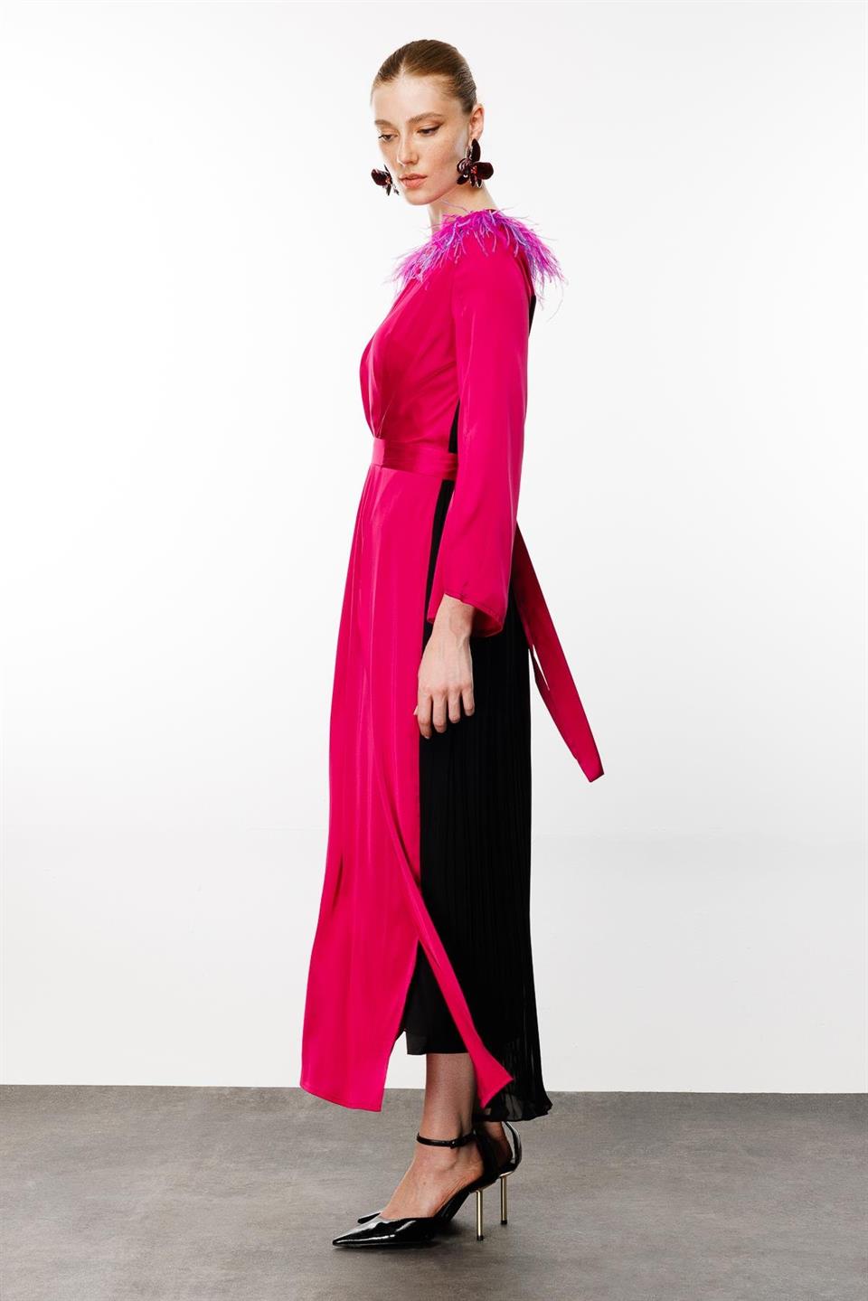 Feathered Shoulders Pleat Back Dress Fuchsia