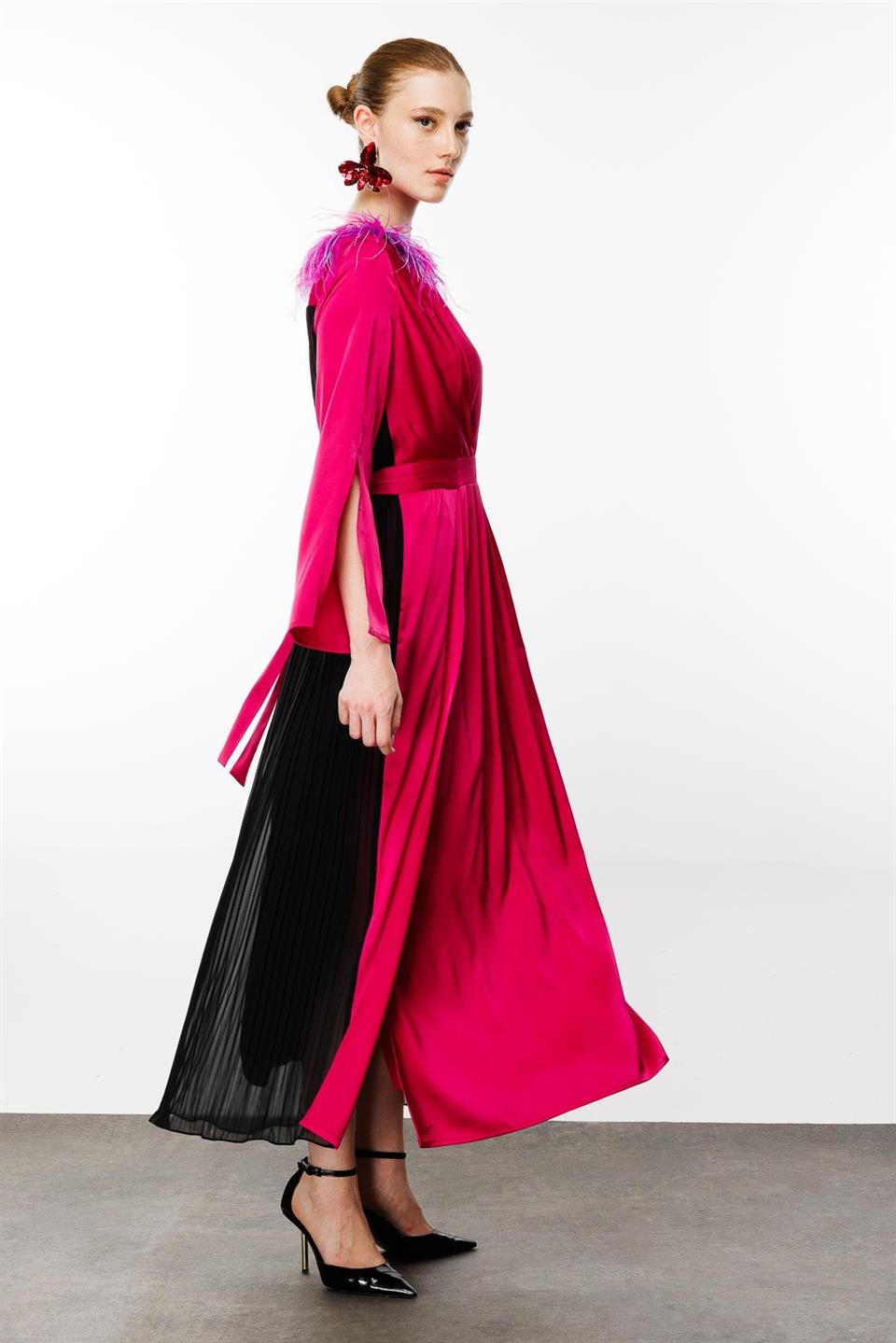 Feathered Shoulders Pleat Back Dress Fuchsia