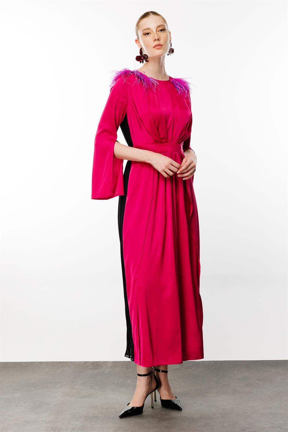 Feathered Shoulders Pleat Back Dress Fuchsia