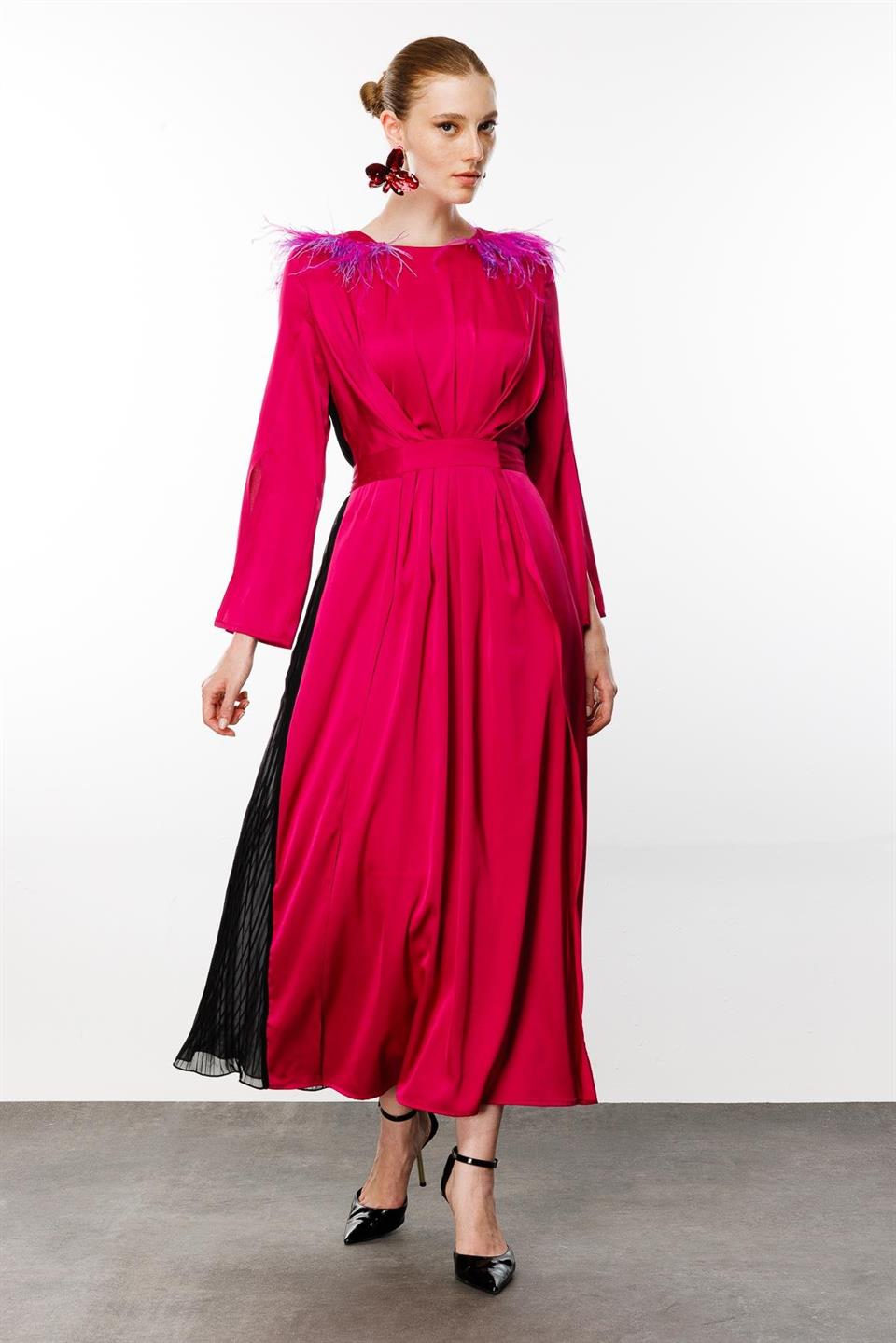Feathered Shoulders Pleat Back Dress Fuchsia