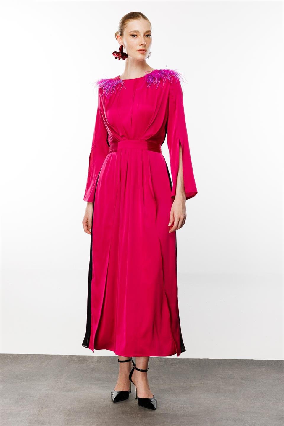 Feathered Shoulders Pleat Back Dress Fuchsia
