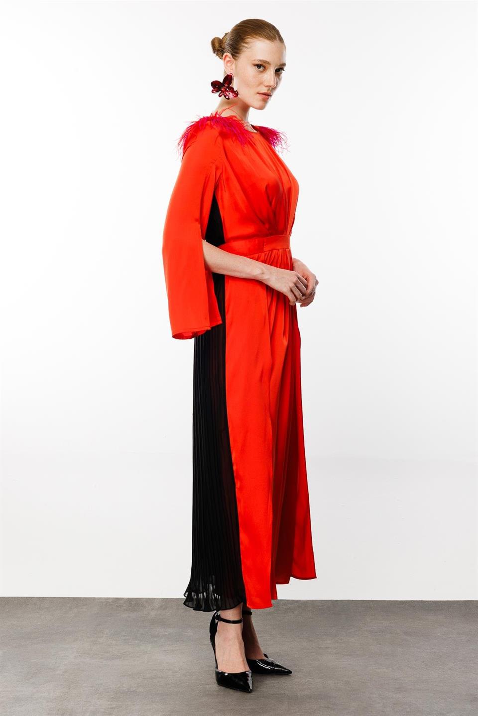 Feather Shoulders Pleated Back Dress ORANGE