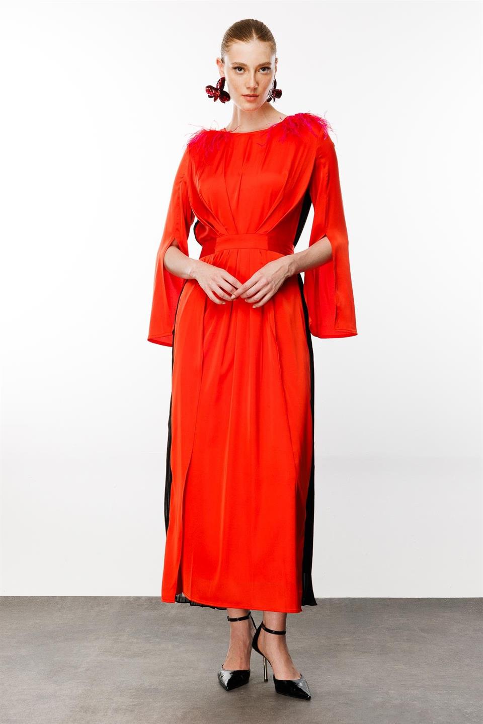 Feather Shoulders Pleated Back Dress ORANGE