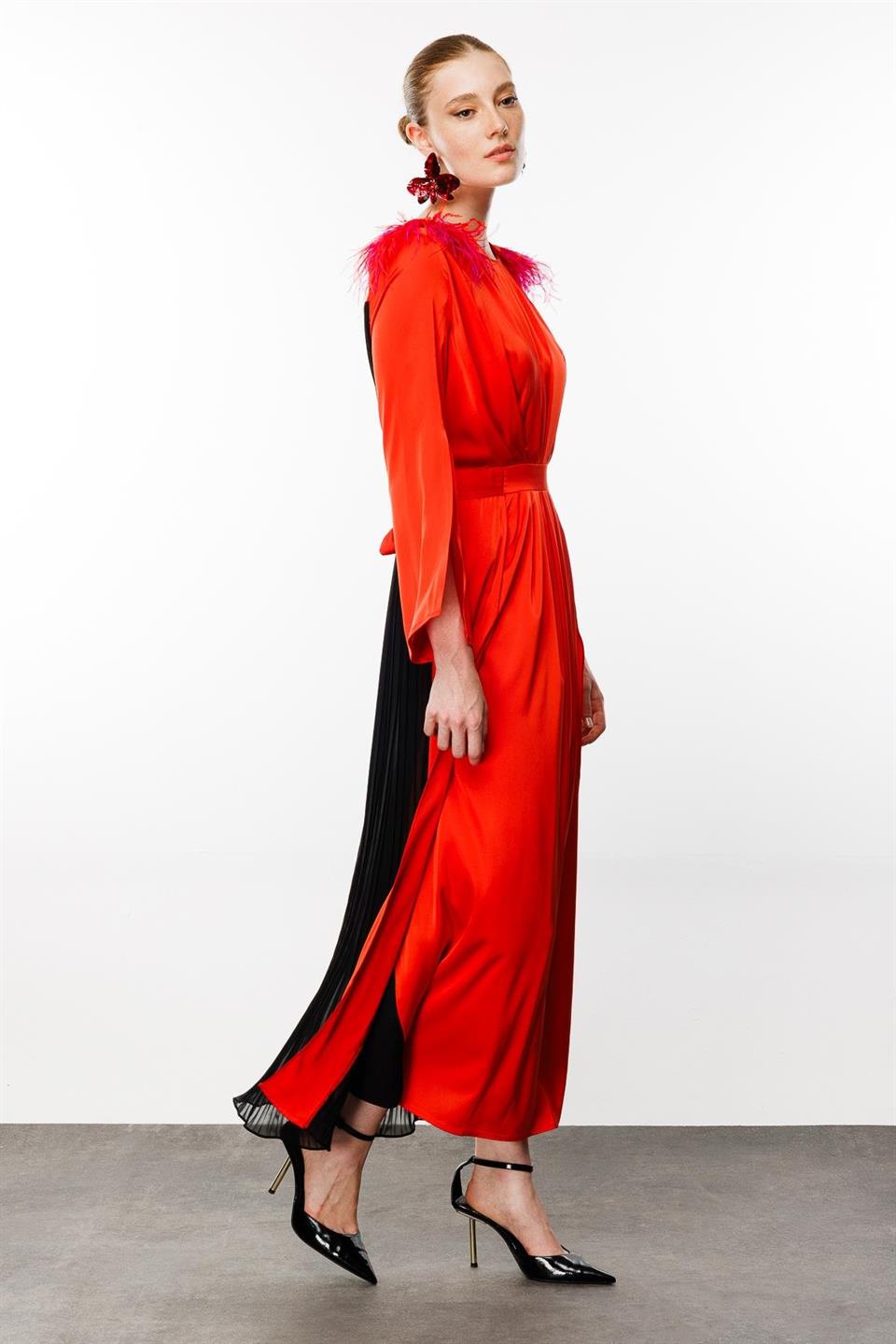 Feather Shoulders Pleated Back Dress ORANGE