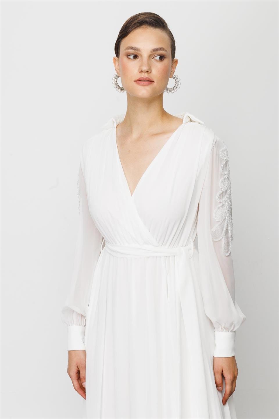 Nefeli Womens Long Chiffon White Evening Dress with Embroidered Sleeves