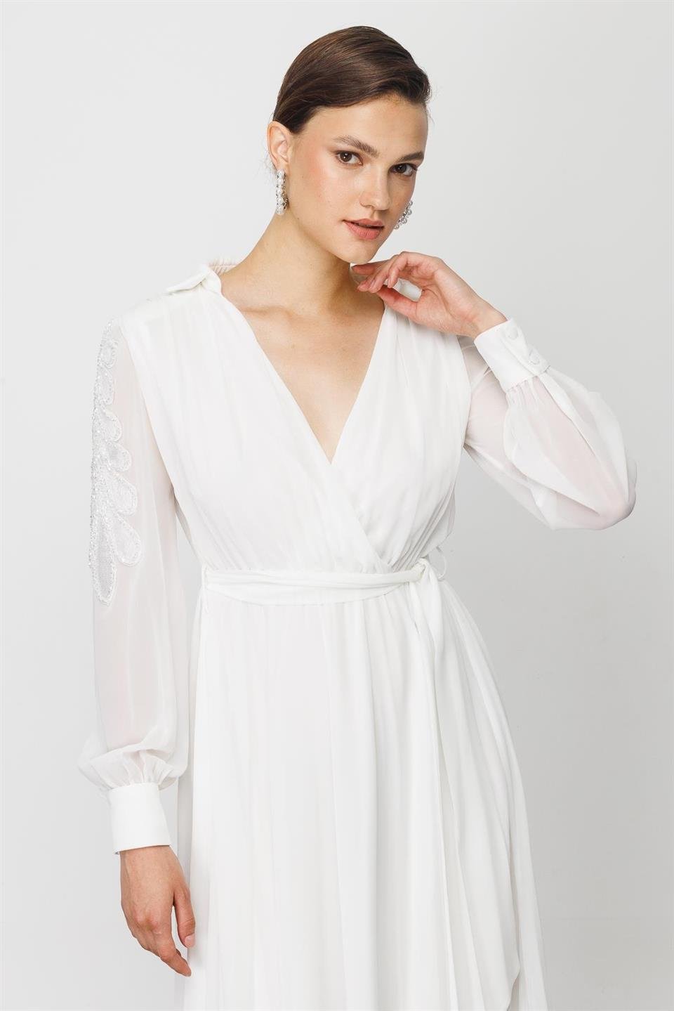 Nefeli Womens Long Chiffon White Evening Dress with Embroidered Sleeves