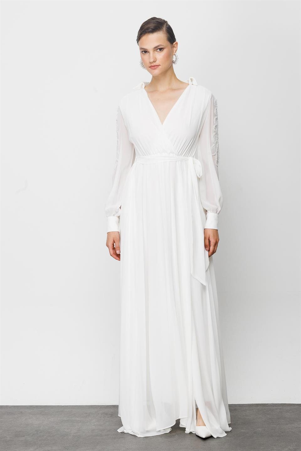 Nefeli Womens Long Chiffon White Evening Dress with Embroidered Sleeves