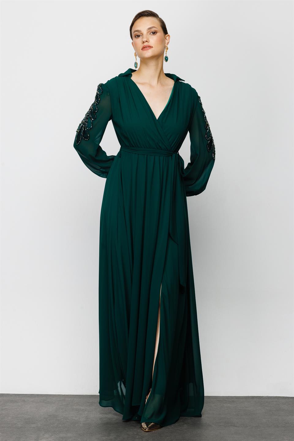 Nefeli Womens Maxi Length Chiffon Evening Dress with Embroidered Sleeves