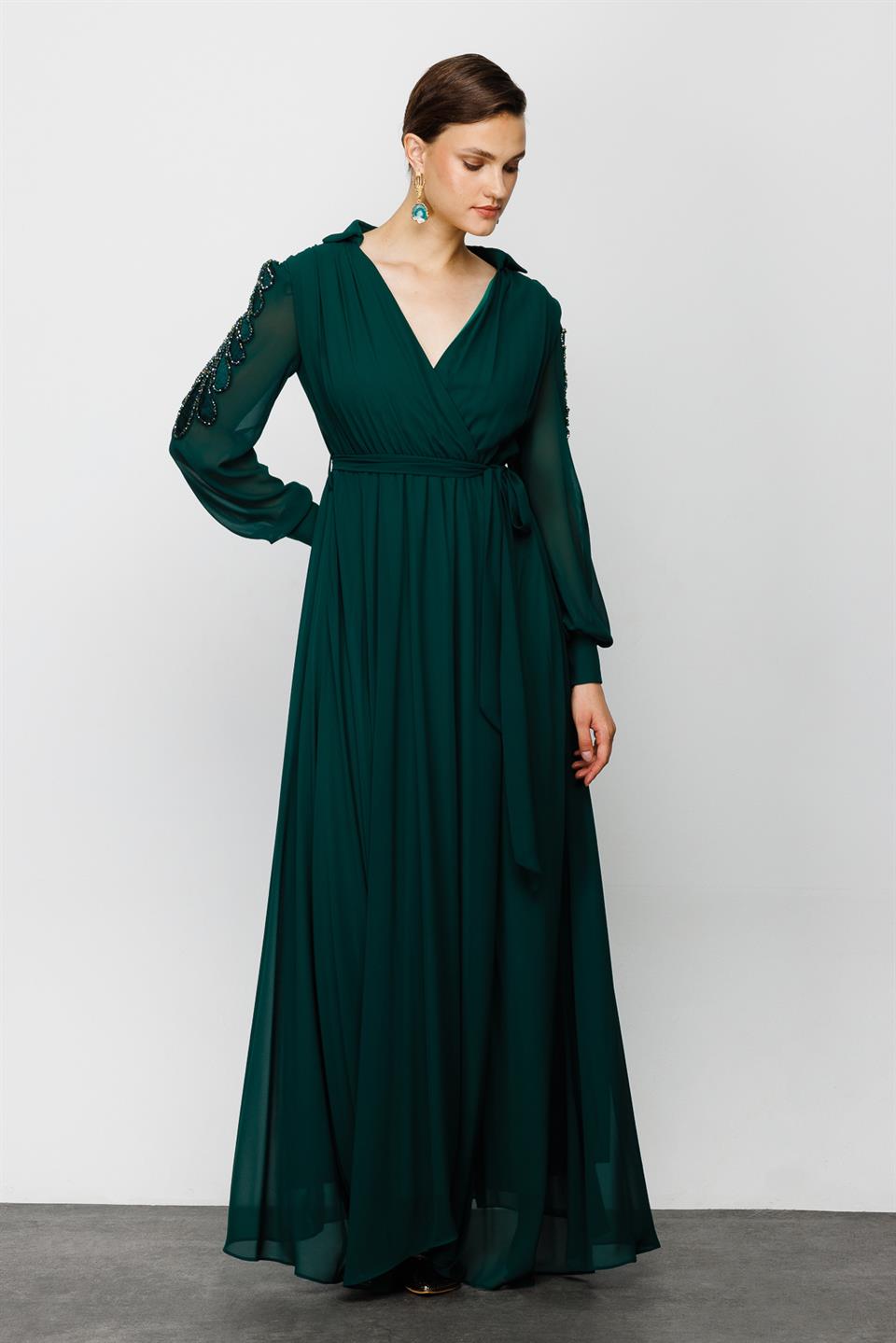 Nefeli Womens Maxi Length Chiffon Evening Dress with Embroidered Sleeves