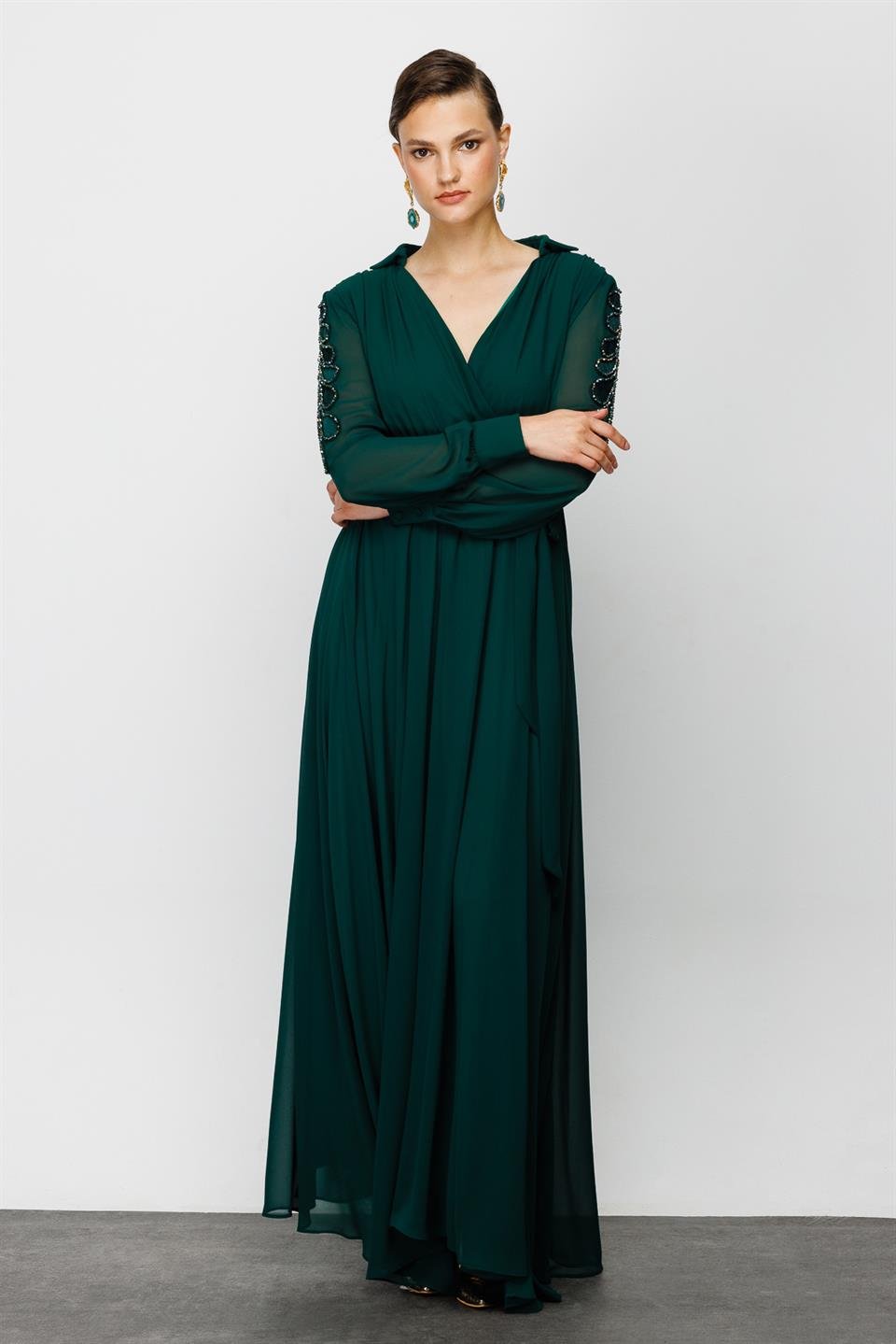 Nefeli Womens Maxi Length Chiffon Evening Dress with Embroidered Sleeves