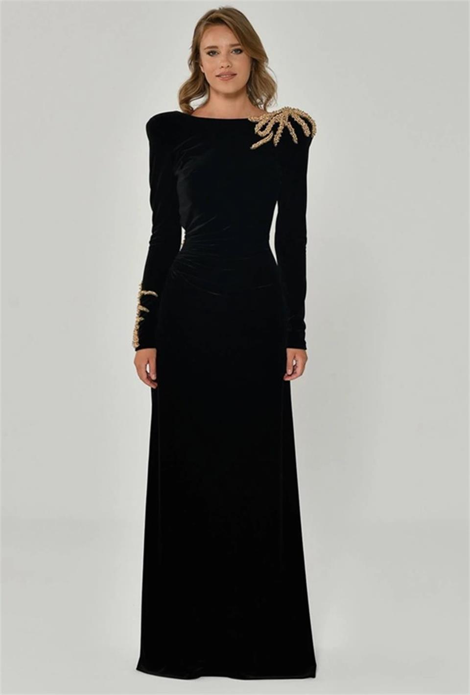 Velvet Evening Dress with Padded Shoulder Sleeves and Shoulder Accessories