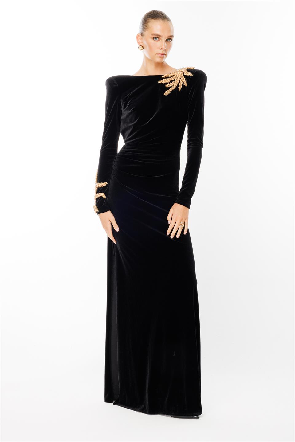Velvet Evening Dress with Padded Shoulder Sleeves and Shoulder Accessories