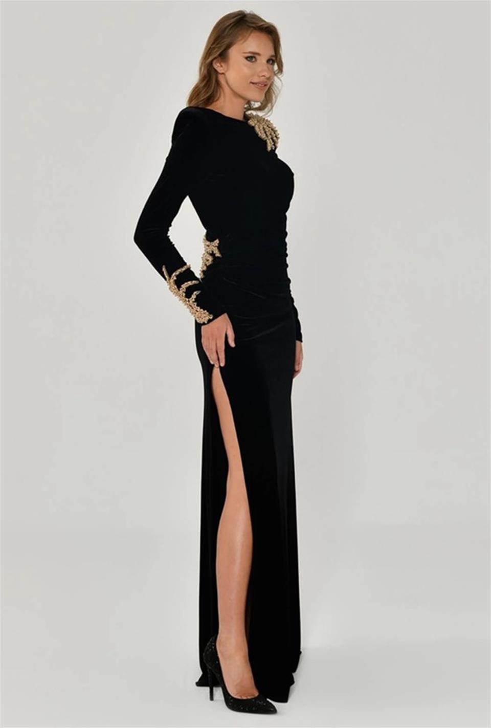 Velvet Evening Dress with Padded Shoulder Sleeves and Shoulder Accessories