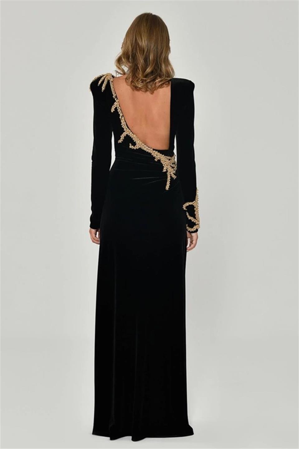 Velvet Evening Dress with Padded Shoulder Sleeves and Shoulder Accessories