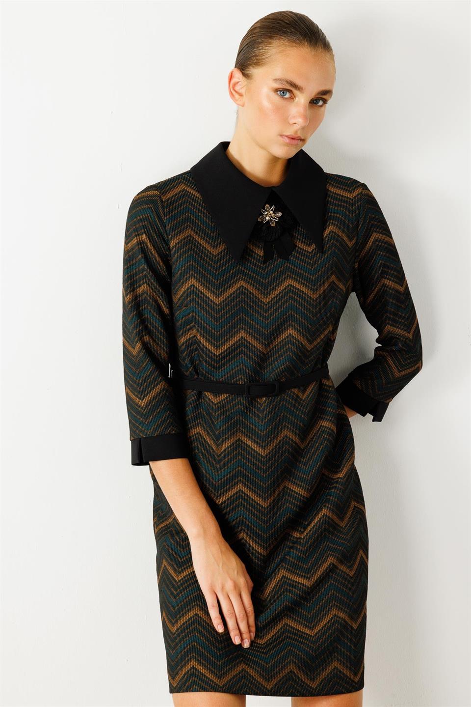 Apron Collar Brooch Detailed Dress KHAKI