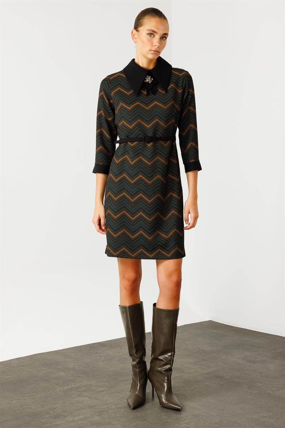 Apron Collar Brooch Detailed Dress KHAKI