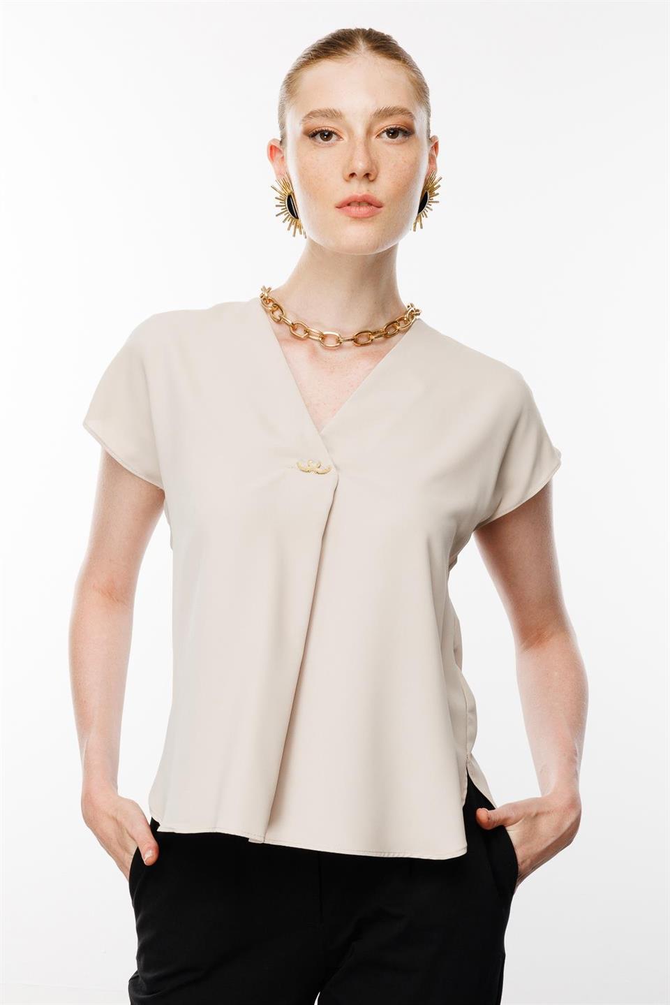 V-Neck Blouse with Front Accessories BEIGE