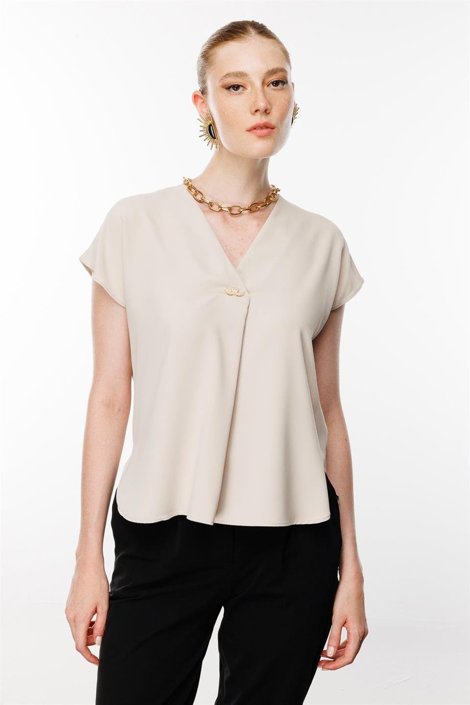 V-Neck Blouse with Front Accessories BEIGE