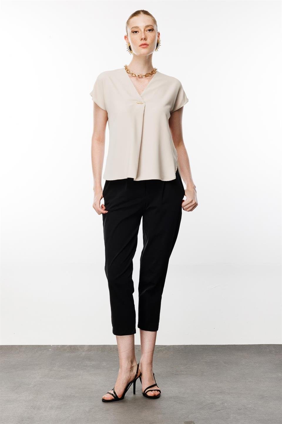 V-Neck Blouse with Front Accessories BEIGE