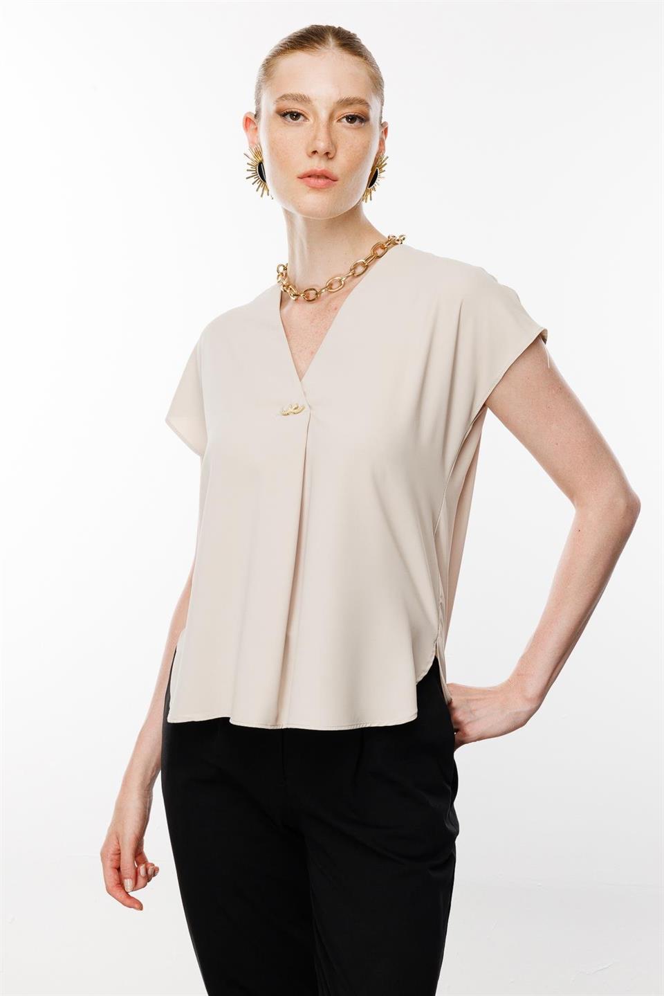 V-Neck Blouse with Front Accessories BEIGE