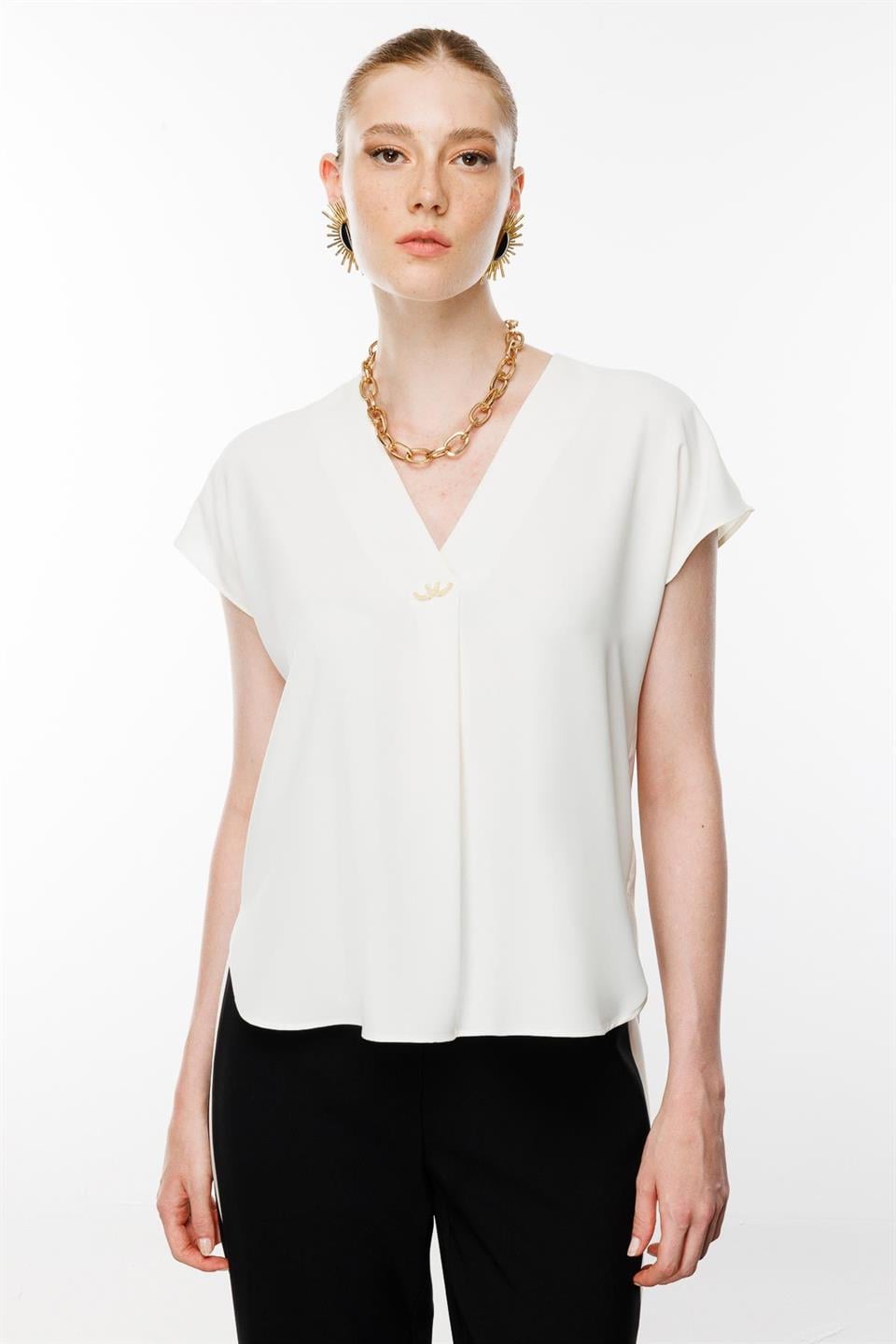 V-Neck Blouse with Front Accessories ECRU