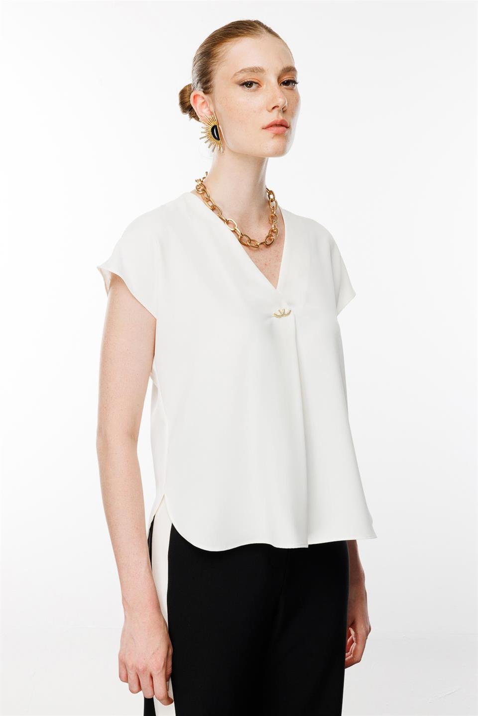 V-Neck Blouse with Front Accessories ECRU