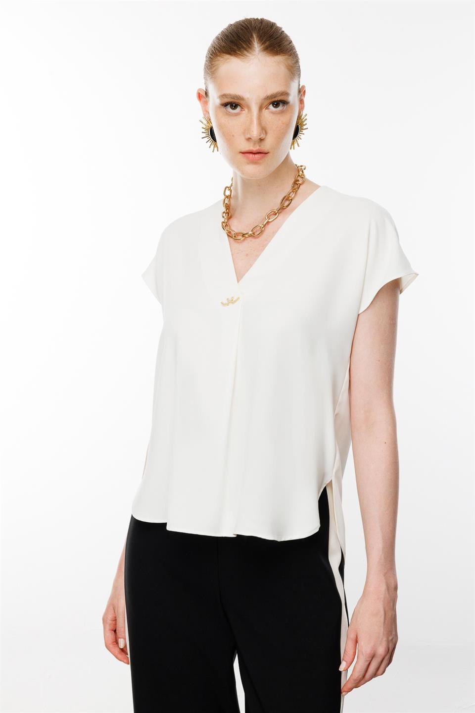 V-Neck Blouse with Front Accessories ECRU