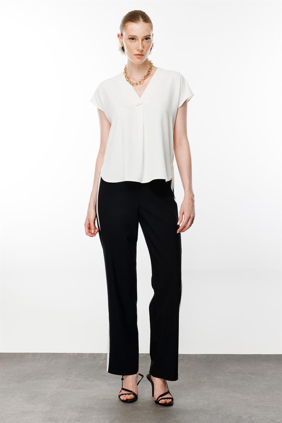 V-Neck Blouse with Front Accessories ECRU