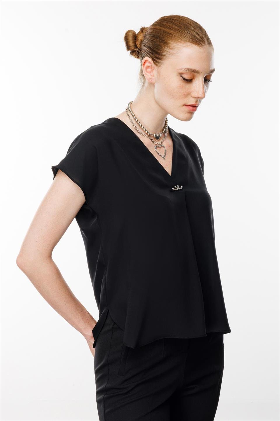 V-Neck Blouse with Front Accessories BLACK